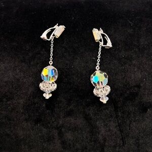 Vintage Lewis Segal Silver Plate AB Glass Bead Dangle Clip-On Earrings